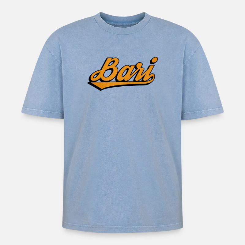 Bari Script: Orange Retro Logo - Oversized Unisex Premium Acid-Washed T-Shirt - Blau Acid Wash