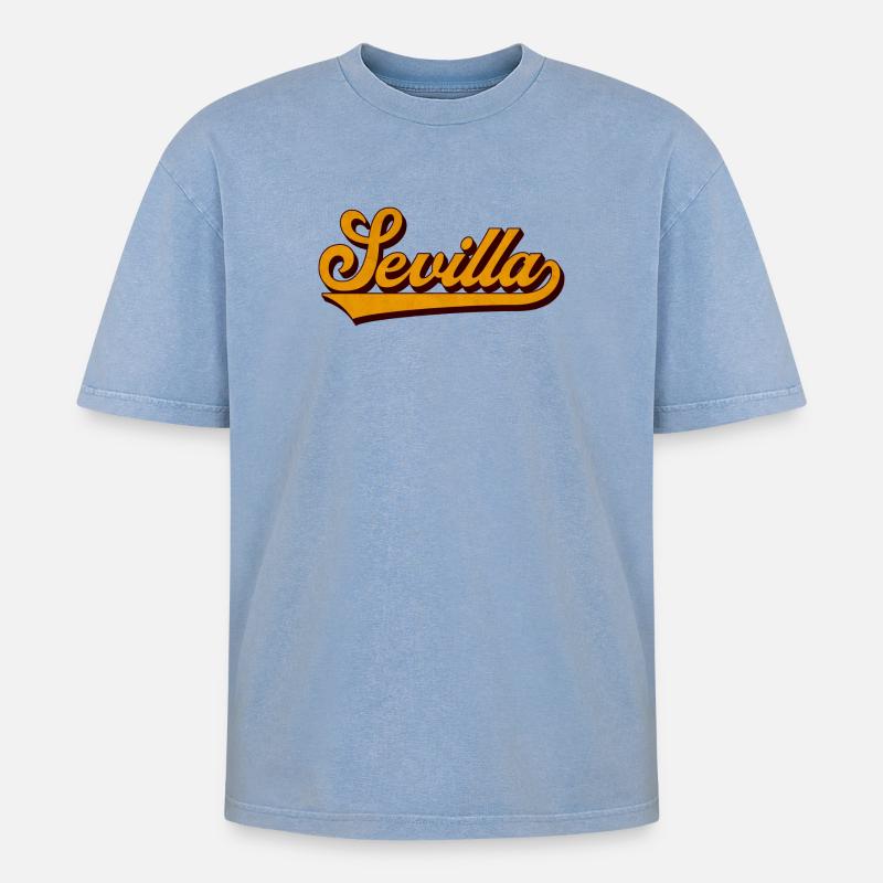Sevilla Retro Script Gelb - Oversized Unisex Premium Acid-Washed T-Shirt - Blau Acid Wash