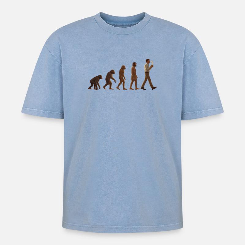 Evolutionsreise: Von Affe zu kaffeetrinkenden Mann - Oversized Unisex Premium Acid-Washed T-Shirt - Blau Acid Wash