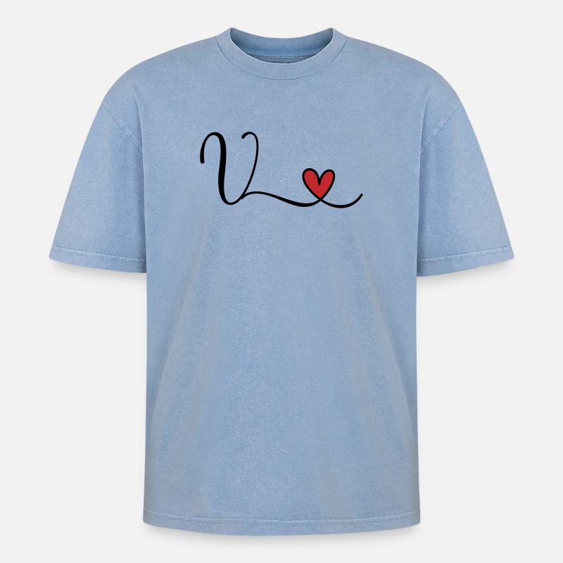 Buchstabe V Monogramm Initiale Herz - Oversized Unisex Premium Acid-Washed T-Shirt - Blau Acid Wash