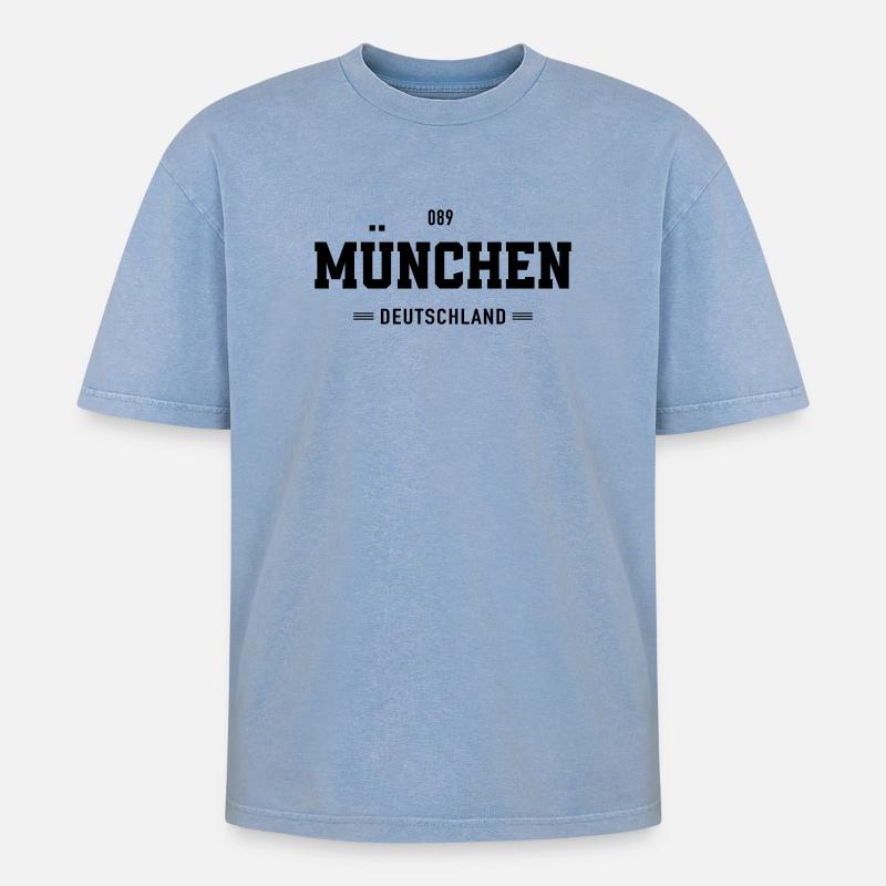 089 Muenchen Deutschland - Oversized Unisex Premium Acid-Washed T-Shirt - Blau Acid Wash