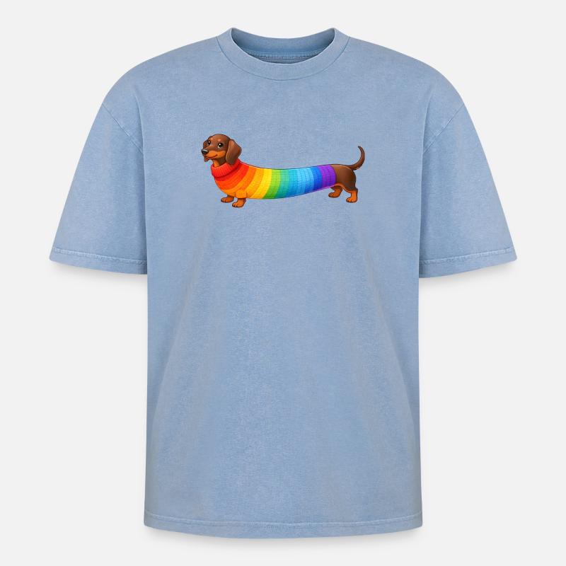 Dackel mit Regenbogen Pullover - Oversized Unisex Premium Acid-Washed T-Shirt - Blau Acid Wash