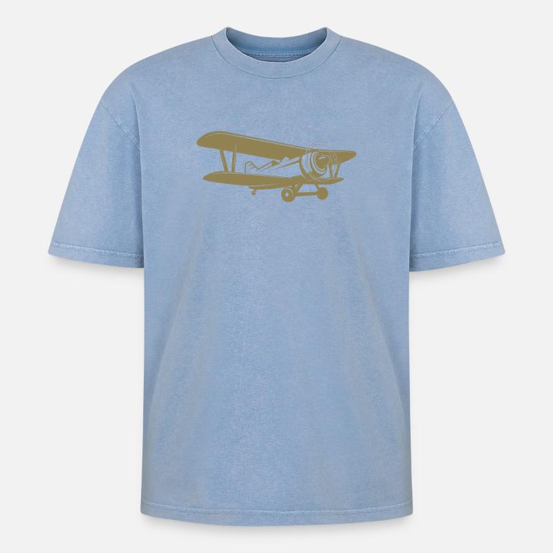 Doppeldecker Pilot Retro Minimalistisch - Oversized Unisex Premium Acid-Washed T-Shirt - Blau Acid Wash