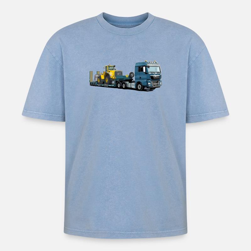 Tieflader mit Bagger - Oversized Unisex Premium Acid-Washed T-Shirt - Blau Acid Wash