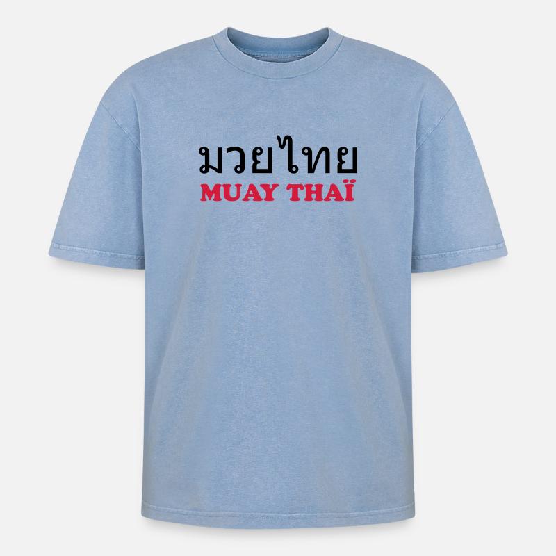 Muay Thai (V) - Oversized Unisex Premium Acid-Washed T-Shirt - acid washed blue
