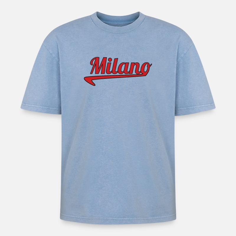 Milano Script Emblem Swoosh - Oversized Unisex Premium Acid-Washed T-Shirt - Blau Acid Wash