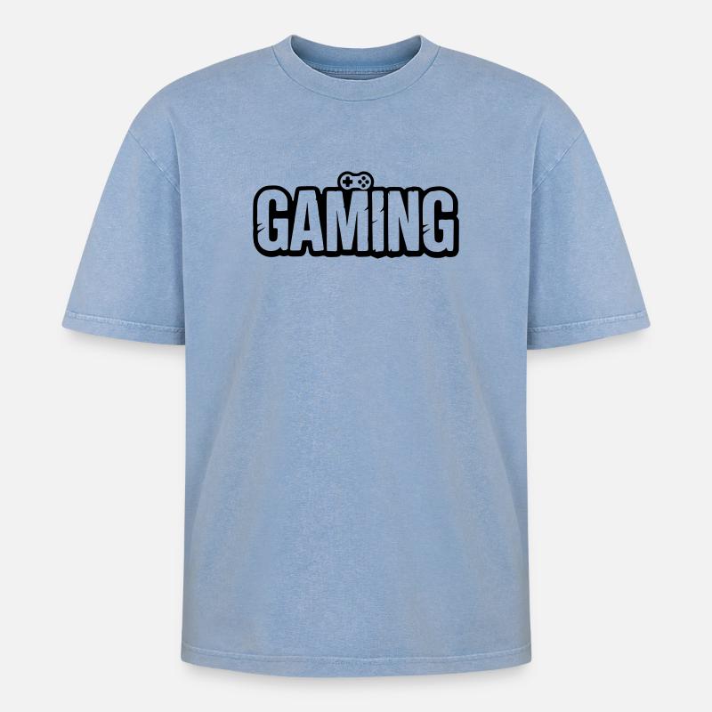 Gaming_Schrift_mit_Conroller - Oversized Unisex Premium Acid-Washed T-Shirt - Blau Acid Wash
