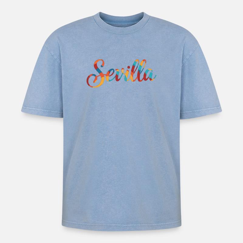 Seville Rainbow Script - Oversized Unisex Premium Acid-Washed T-Shirt - acid washed blue