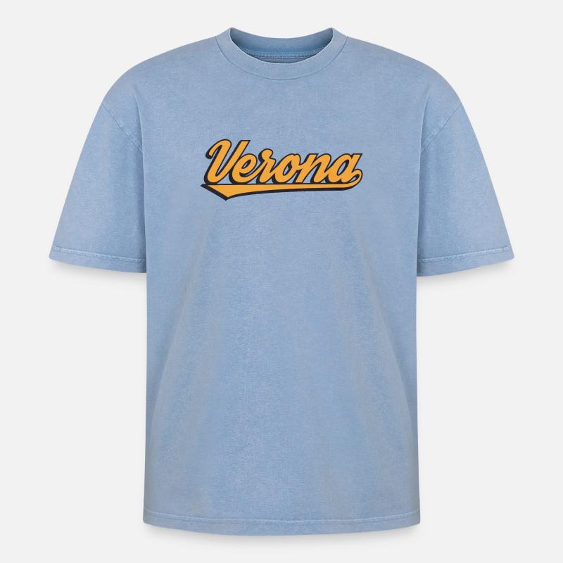 Verona Retro Script Logo - Oversized Unisex Premium Acid-Washed T-Shirt - Blau Acid Wash