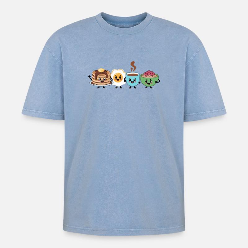 Cute Food & Beverage Breakfast Pattern - Oversized Unisex Premium Acid-Washed T-Shirt - acid washed blue