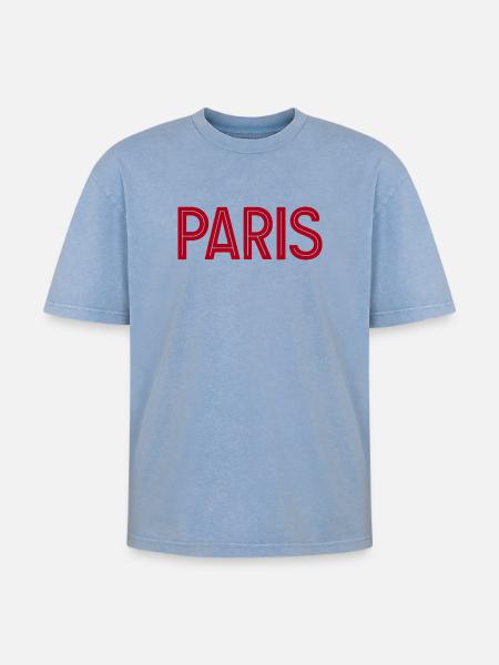 Paris Red Geometric Typography - Oversized Unisex Premium Acid-Washed T-Shirt - acid washed blue