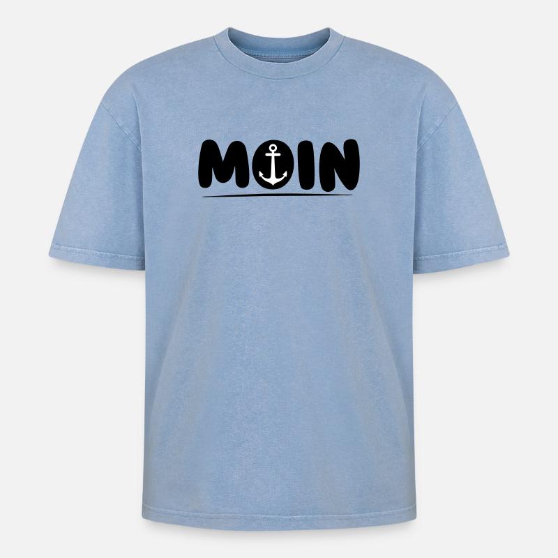Moin mit Anker - Oversized Unisex Premium Acid-Washed T-Shirt - Blau Acid Wash