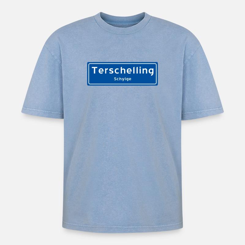 Terschelling Ortsschild - Oversized Unisex Premium Acid-Washed T-Shirt - Blau Acid Wash