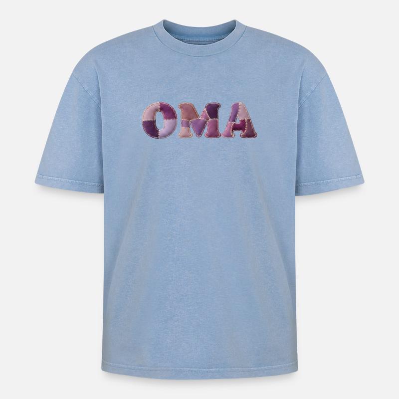 OMA Patchwork Stoff Design Geschenkidee - Oversized Unisex Premium Acid-Washed T-Shirt - Blau Acid Wash