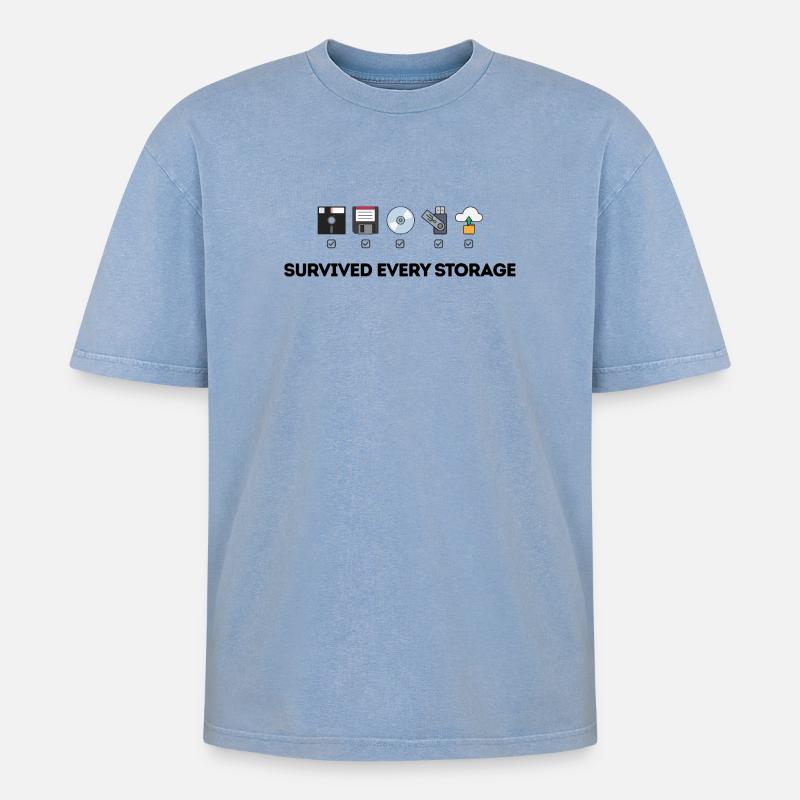 Data Storage Evolution - Tech Icons - Oversized Unisex Premium Acid-Washed T-Shirt - acid washed blue