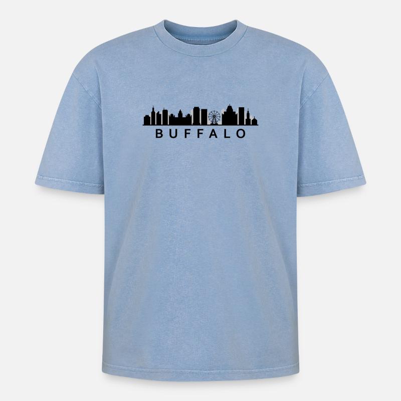 Skyline Buffalo - Oversized Unisex Premium Acid-Washed T-Shirt - Blau Acid Wash