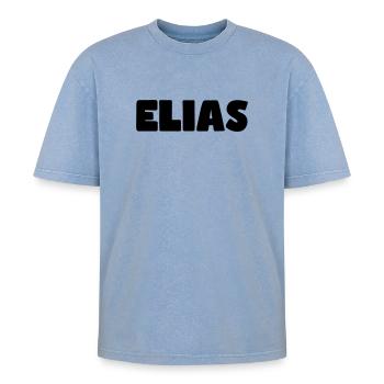 Elias Name - Oversized Unisex Premium Acid-Washed T-Shirt - acid washed blue - Front - AI Model Female 172 dark (172cm) & AI Model Male 185 dark (185cm)