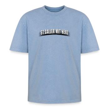 St Galler mit Herz mit Linienraster schmutzig - Oversized Unisex Premium Acid-Washed T-Shirt - Blau Acid Wash - Vorne - AI Model Female 172 dark (172cm) & AI Model Male 185 dark (185cm)