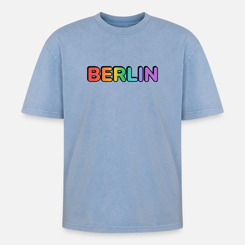 Berlin Rainbow Gradient Letters LGBT - Oversized Unisex Premium Acid-Washed T-Shirt - Blau Acid Wash