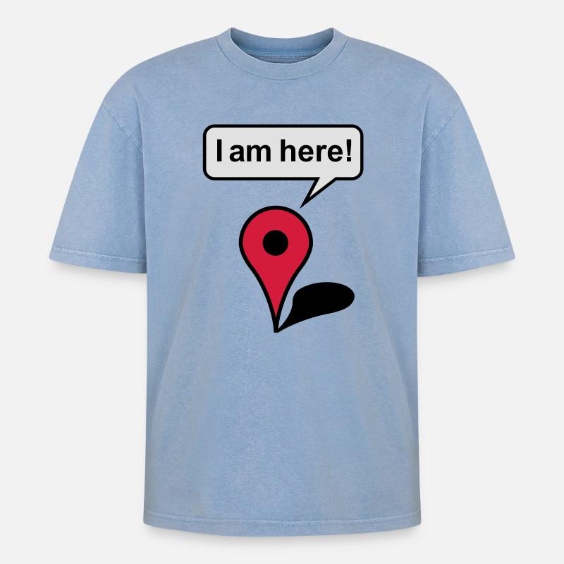 I am here! Google Maps - Oversized Unisex Premium Acid-Washed T-Shirt - Blau Acid Wash