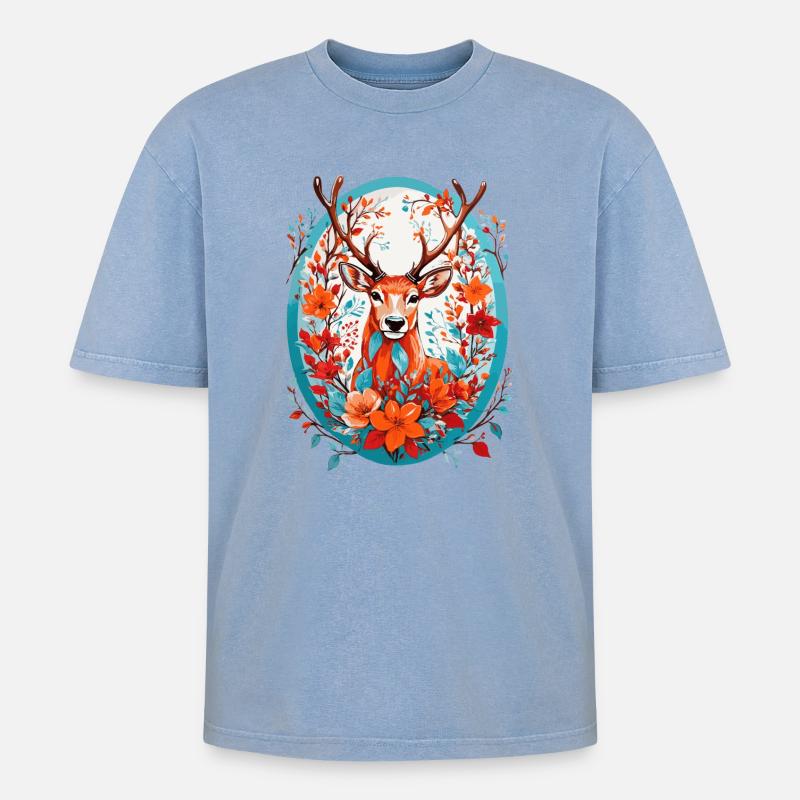 Hirsch mit Blumen - Oversized Unisex Premium Acid-Washed T-Shirt - Blau Acid Wash