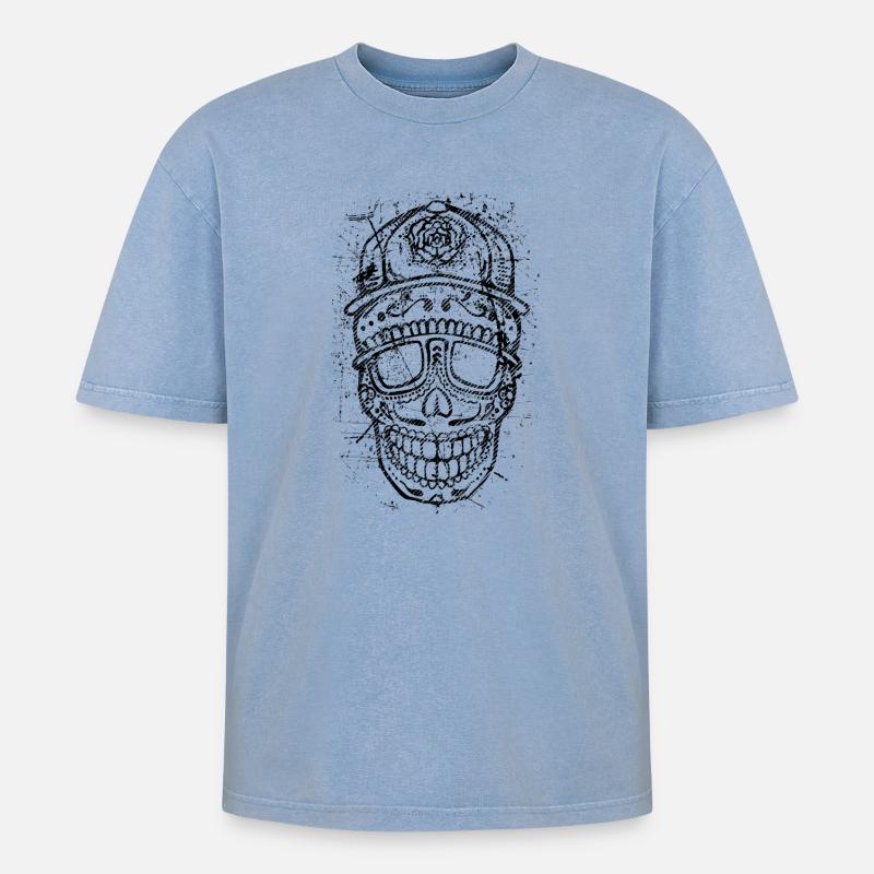 Cool Skull – Bold Distressed Tattoo Style - Oversized Unisex Premium Acid-Washed T-Shirt - Blau Acid Wash