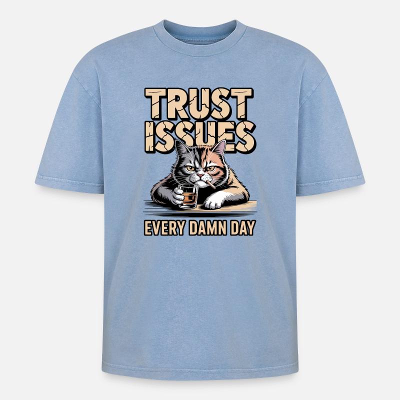Trust Issues Cat - Oversized Unisex Premium Acid-Washed T-Shirt - acid washed blue