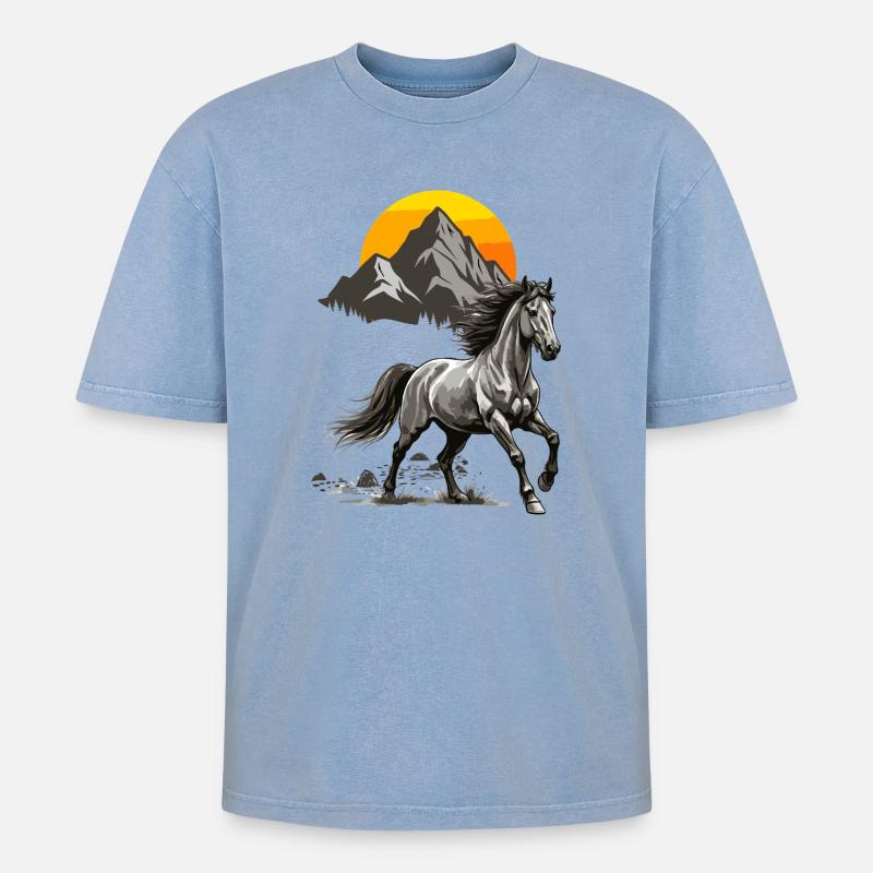 Galloping Summit Sunset - Oversized Unisex Premium Acid-Washed T-Shirt - acid washed blue