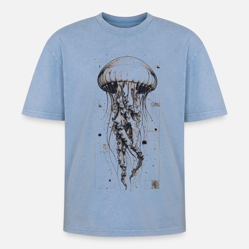 Méduses Technok Noires et Blanches - T-shirt Premium unisexe oversize acid-washed - bleu délavé acide