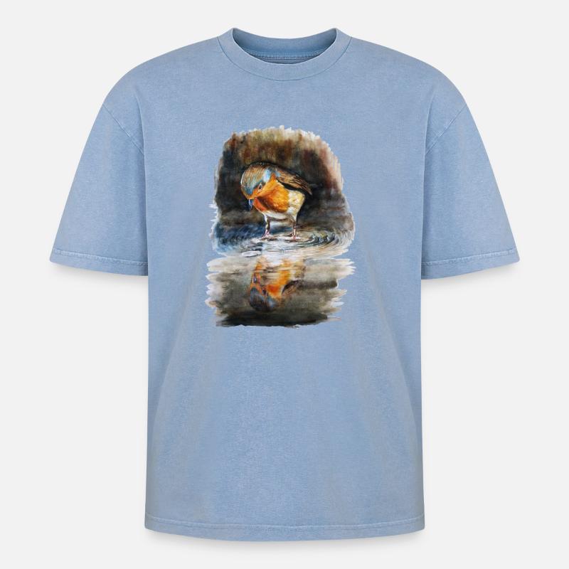 Rotkehlchen - Oversized Unisex Premium Acid-Washed T-Shirt - Blau Acid Wash