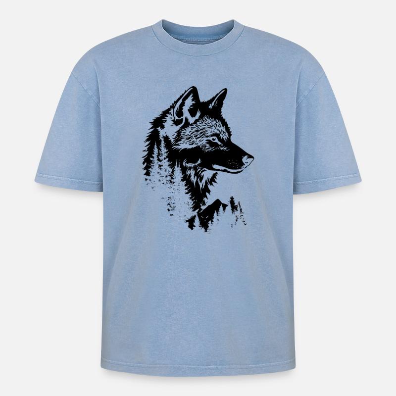 Wolf Gesicht Wald Silhouette - Oversized Unisex Premium Acid-Washed T-Shirt - Blau Acid Wash