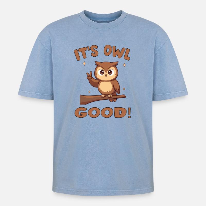 Niedliche Eule mit aufmunternder Botschaft - Oversized Unisex Premium Acid-Washed T-Shirt - Blau Acid Wash