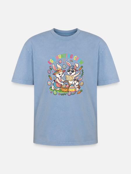 Hoster Bunny Family - Egg Collector - Oversized Unisex Premium Acid-Washed T-Shirt - acid washed blue
