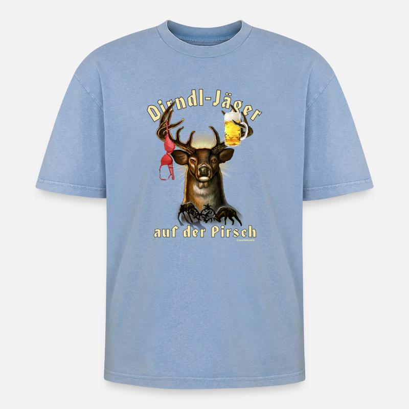 Dirndl-Jäger - Oversized Unisex Premium Acid-Washed T-Shirt - Blau Acid Wash