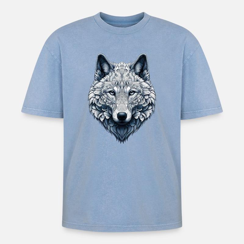 Wolf mit Mandalas verziert - Oversized Unisex Premium Acid-Washed T-Shirt - Blau Acid Wash