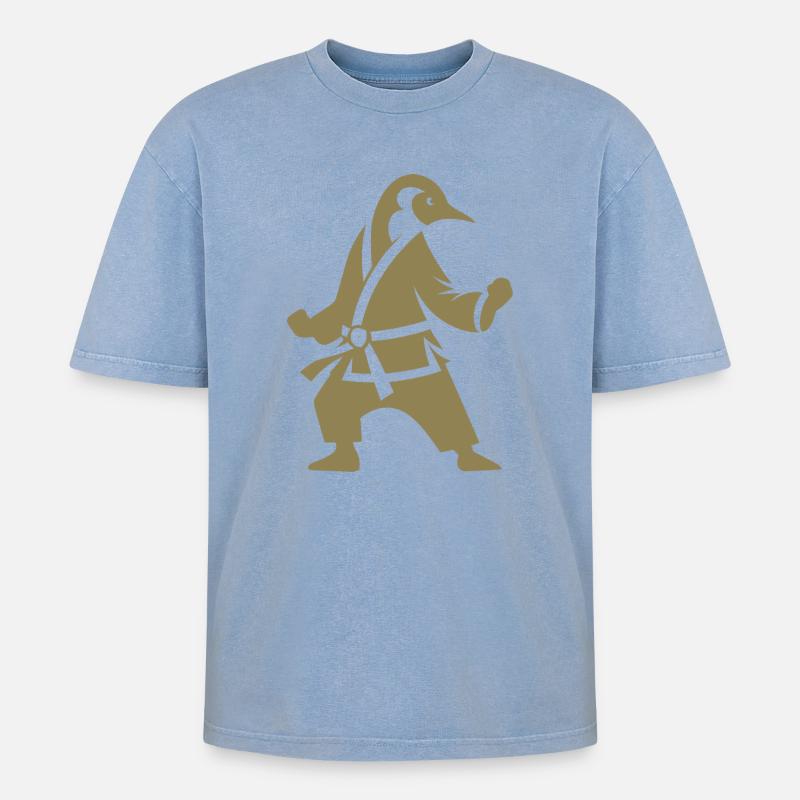 Pinguin Karate Kampfkunst Silhouette - Oversized Unisex Premium Acid-Washed T-Shirt - Blau Acid Wash