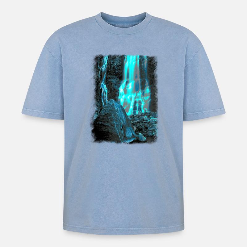 Felsiger Wasserfall - Oversized Unisex Premium Acid-Washed T-Shirt - Blau Acid Wash