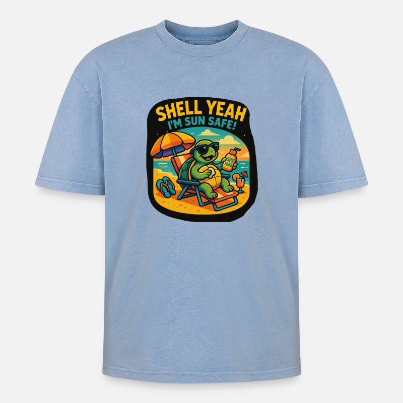 Shell Yeah – Sun Safe Turtle - Oversized Unisex Premium Acid-Washed T-Shirt - Blau Acid Wash