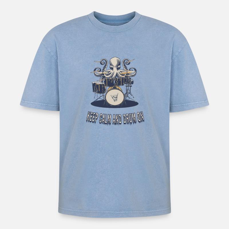 Keep Calm and Drum On - Oversized Unisex Premium Acid-Washed T-Shirt - Blau Acid Wash