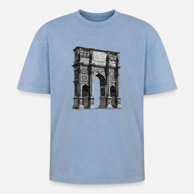 Römischer Triumphbogen – Antiker Stich - Oversized Unisex Premium Acid-Washed T-Shirt - Blau Acid Wash