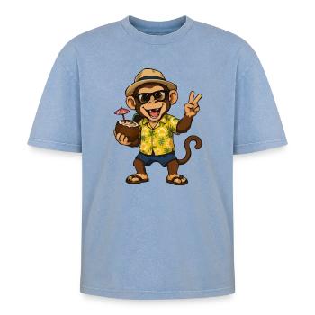Tropical Monkey Party - Hawaii Vibes - Oversized Unisex Premium Acid-Washed T-Shirt - acid washed blue - Front - AI Model Female 172 dark (172cm) & AI Model Male 185 dark (185cm)