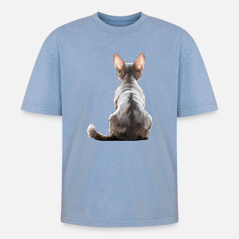 Chat Devon Rex - T-shirt Premium unisexe oversize acid-washed - bleu délavé acide