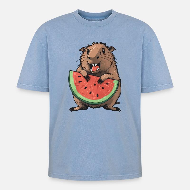 Capybara mangeant de la pastèque - T-shirt Premium unisexe oversize acid-washed - bleu délavé acide