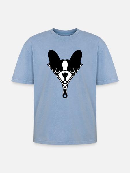 French Bulldog in a Zipper - Oversized Unisex Premium Acid-Washed T-Shirt - acid washed blue