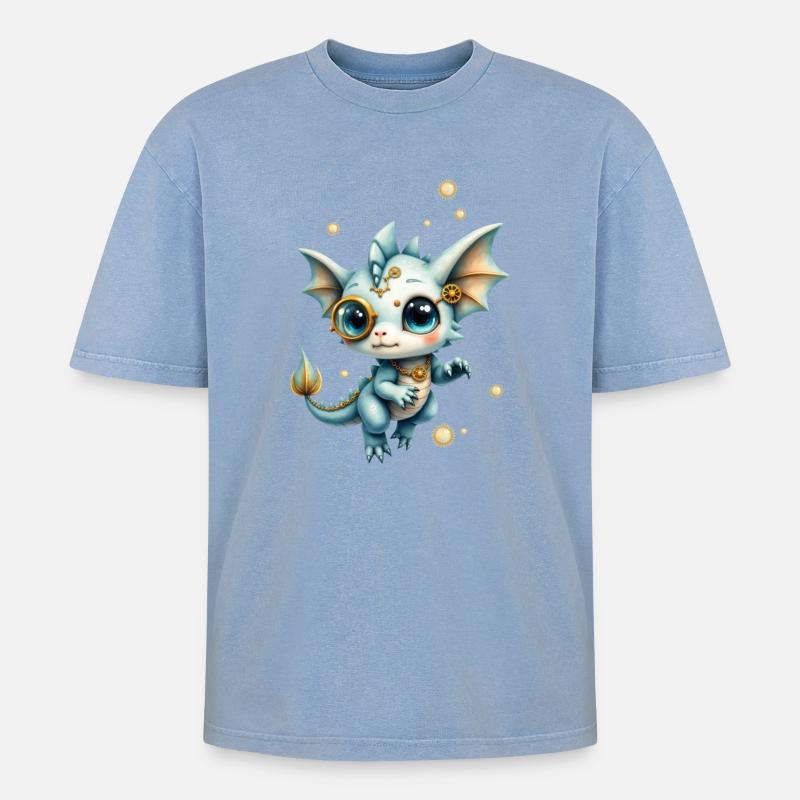 Steampunk Drache mit Lupe - Oversized Unisex Premium Acid-Washed T-Shirt - Blau Acid Wash