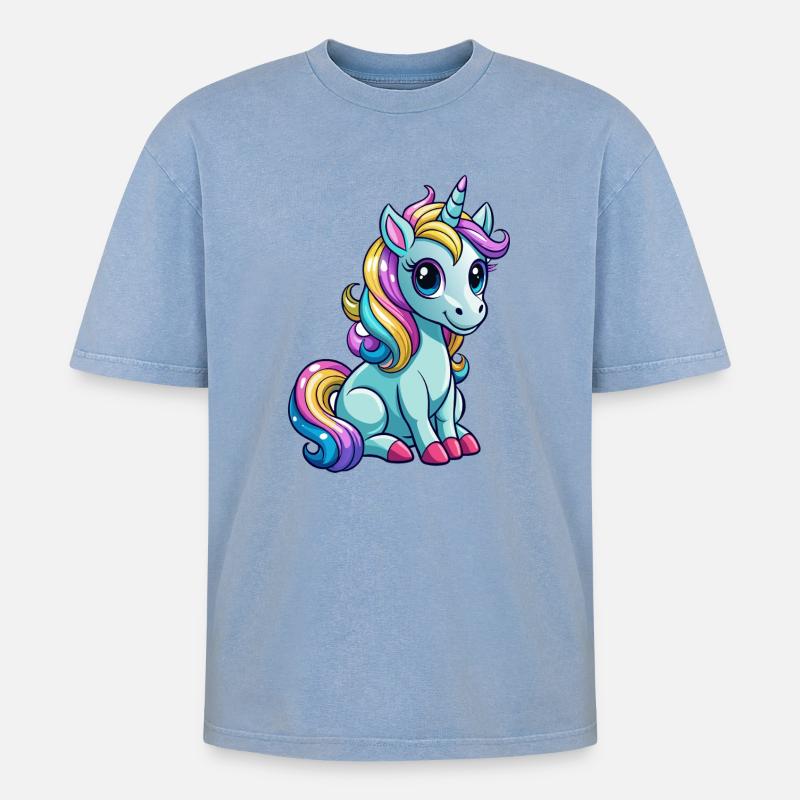 Sitzendes Einhorn - Oversized Unisex Premium Acid-Washed T-Shirt - Blau Acid Wash