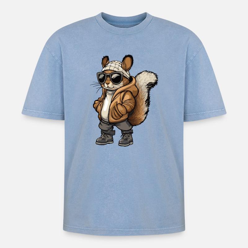 Eichhörnchen Cool Winter - Oversized Unisex Premium Acid-Washed T-Shirt - Blau Acid Wash