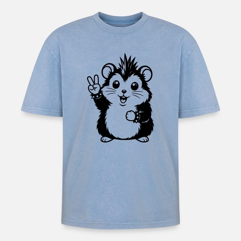 Punker Hamster mit Peace Zeichen - Oversized Unisex Premium Acid-Washed T-Shirt - Blau Acid Wash
