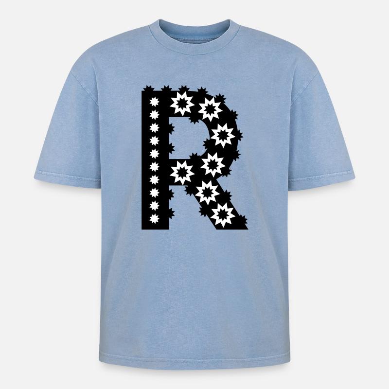 Buchstabe R - Oversized Unisex Premium Acid-Washed T-Shirt - Blau Acid Wash
