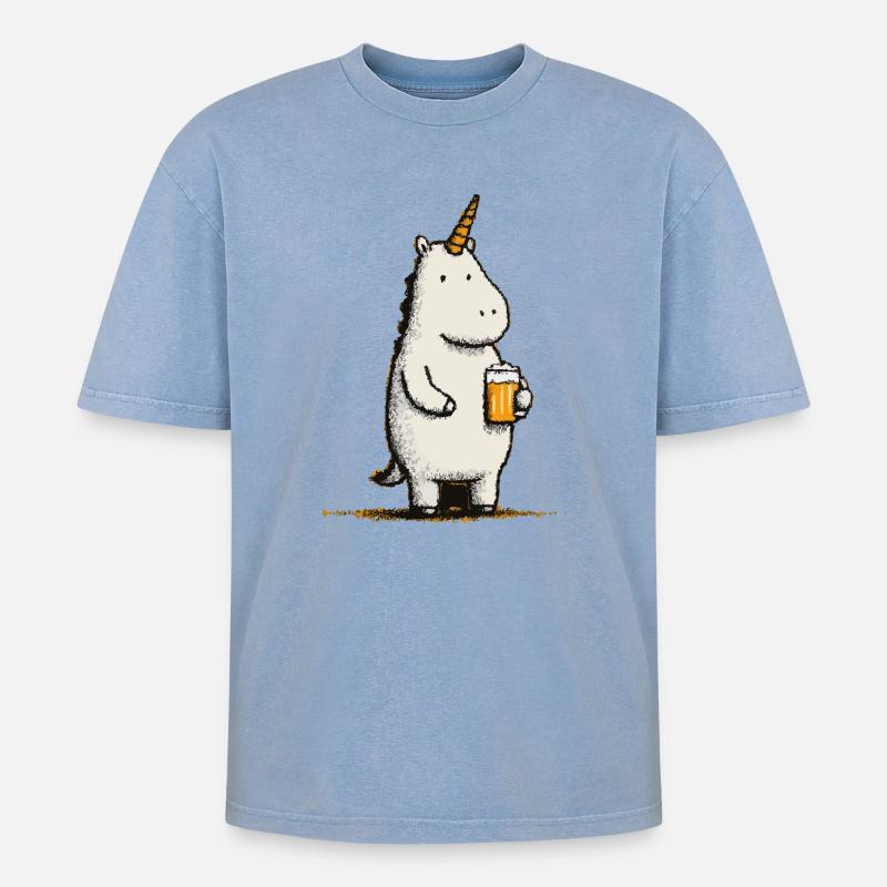 Süßes Einhorn mit Bierglas - Oversized Unisex Premium Acid-Washed T-Shirt - Blau Acid Wash